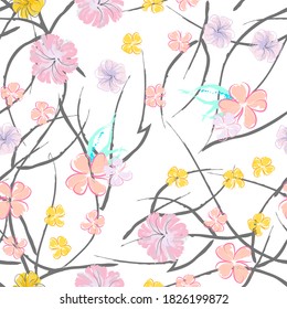rosafarbene Blumen blühendes Muster. Pastellwasserfarbe Blumendruck. Little Pink, Gelb, Lilac Blume auf grauem Blatt. Eleganter Bürstenhintergrund. Nahtlose botanische Vektoroberfläche. Textur für Modedrucke.