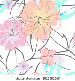 Pink Flowers Blooming Pattern. Pastel Watercolor Floral Print. Little Pink, Yellow, Lilac flower on grey leaf. Elegant brush Background. Seamless Botanical Vector Surface. Texture For Fashion Prints.