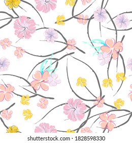 Pink Flowers Blooming Pattern. Pastel Watercolor Floral Print. Little Pink, Yellow, Lilac flower on grey leaf. Elegant brush Background. Seamless Botanical Vector Surface. Texture For Fashion Prints.