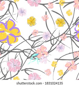 Pink Flowers Blooming Pattern. Pastel Watercolor Floral Print. Little Pink, Yellow, Lilac flower on grey leaf. Elegant brush Background. Seamless Botanical Vector Surface. Texture For Fashion Prints.