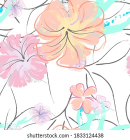 Pink Flowers Blooming Pattern. Pastel Watercolor Floral Print. Little Pink, Yellow, Lilac flower on grey leaf. Elegant brush Background. Seamless Botanical Vector Surface. Texture For Fashion Prints.