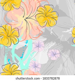 Patrón De Florecimiento De Flores Rosadas. Impresión floral de color de agua pastel. Flor rosada, amarilla, lagaríaca en hojas grises. Fondo elegante del pincel Superficie de vectores botánicos impecable. Textura Para Las Impresiones De Moda.
