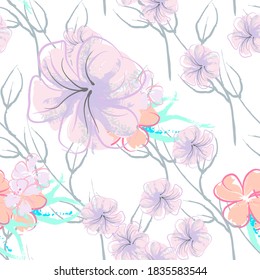 Pink Flowers Blooming Pattern. Pastel Watercolor Floral Print. Little Pink, Yellow, Lilac flower on grey leaf. Elegant brush Background. Seamless Botanical Vector Surface. Texture For Fashion Prints.