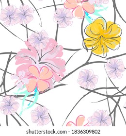 Patrón De Florecimiento De Flores Rosadas. Impresión floral de color de agua pastel. Flor rosada, amarilla, lagaríaca en hojas grises. Fondo elegante del pincel Superficie de vectores botánicos impecable. Textura Para Las Impresiones De Moda.