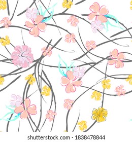 rosafarbene Blumen blühendes Muster. Pastellwasserfarbe Blumendruck. Little Pink, Gelb, Lilac Blume auf grauem Blatt. Eleganter Bürstenhintergrund. Nahtlose botanische Vektoroberfläche. Textur für Modedrucke.