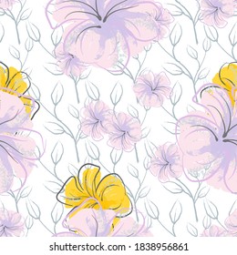 Patrón De Florecimiento De Flores Rosadas. Impresión floral de color de agua pastel. Flor rosada, amarilla, lagaríaca en hojas grises. Fondo elegante del pincel Superficie de vectores botánicos impecable. Textura Para Las Impresiones De Moda.