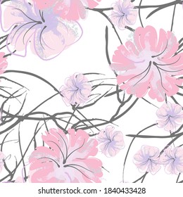 Pink Flowers Blooming Pattern. Pastel Watercolor Floral Print. Little Pink, Yellow, Lilac flower on grey leaf. Elegant brush Background. Seamless Botanical Vector Surface. Texture For Fashion Prints.