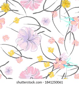Pink Flowers Blooming Pattern. Pastel Watercolor Floral Print. Little Pink, Yellow, Lilac flower on grey leaf. Elegant brush Background. Seamless Botanical Vector Surface. Texture For Fashion Prints.