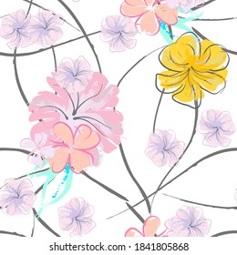 Pink Flowers Blooming Pattern. Pastel Watercolor Floral Print. Little Pink, Yellow, Lilac flower on grey leaf. Elegant brush Background. Seamless Botanical Vector Surface. Texture For Fashion Prints.