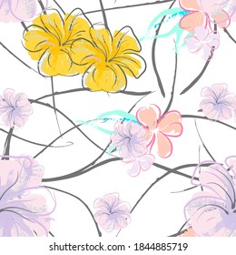 Pink Flowers Blooming Pattern. Pastel Watercolor Floral Print. Little Pink, Yellow, Lilac flower on grey leaf. Elegant brush Background. Seamless Botanical Vector Surface. Texture For Fashion Prints.