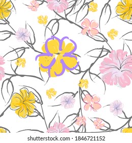 Pink Flowers Blooming Pattern. Pastel Watercolor Floral Print. Little Pink, Yellow, Lilac flower on grey leaf. Elegant brush Background. Seamless Botanical Vector Surface. Texture For Fashion Prints.
