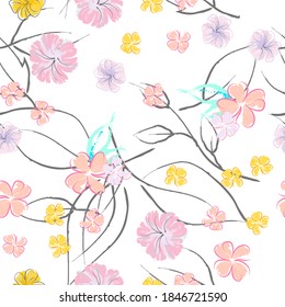 Pink Flowers Blooming Pattern. Pastel Watercolor Floral Print. Little Pink, Yellow, Lilac flower on grey leaf. Elegant brush Background. Seamless Botanical Vector Surface. Texture For Fashion Prints.