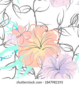 Pink Flowers Blooming Pattern. Pastel Watercolor Floral Print. Little Pink, Yellow, Lilac flower on grey leaf. Elegant brush Background. Seamless Botanical Vector Surface. Texture For Fashion Prints.