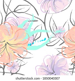 Pink Flowers Blooming Pattern. Pastel Watercolor Floral Print. Little Pink, Yellow, Lilac flower on grey leaf. Elegant brush Background. Seamless Botanical Vector Surface. Texture For Fashion Prints.