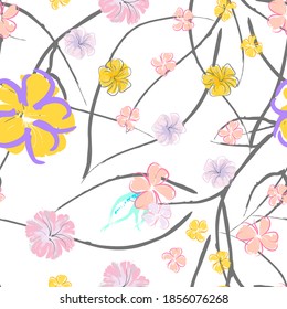 Patrón De Florecimiento De Flores Rosadas. Impresión floral de color de agua pastel. Flor rosada, amarilla, lagaríaca en hojas grises. Fondo elegante del pincel Superficie de vectores botánicos impecable. Textura Para Las Impresiones De Moda.
