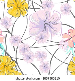 Patrón De Florecimiento De Flores Rosadas. Impresión floral de color de agua pastel. Flor rosada, amarilla, lagaríaca en hojas grises. Fondo elegante del pincel Superficie de vectores botánicos impecable. Textura Para Las Impresiones De Moda.