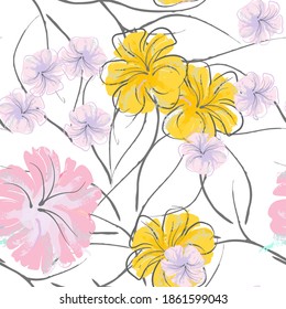 Pink Flowers Blooming Pattern. Pastel Watercolor Floral Print. Little Pink, Yellow, Lilac flower on grey leaf. Elegant brush Background. Seamless Botanical Vector Surface. Texture For Fashion Prints.