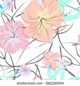 rosafarbene Blumen blühendes Muster. Pastellwasserfarbe Blumendruck. Little Pink, Gelb, Lilac Blume auf grauem Blatt. Eleganter Bürstenhintergrund. Nahtlose botanische Vektoroberfläche. Textur für Modedrucke.
