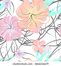 Pink Flowers Blooming Pattern. Pastel Watercolor Floral Print. Little Pink, Yellow, Lilac flower on grey leaf. Elegant brush Background. Seamless Botanical Vector Surface. Texture For Fashion Prints.