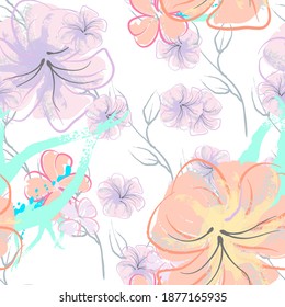 Pink Flowers Blooming Pattern. Pastel Watercolor Floral Print. Little Pink, Yellow, Lilac flower on grey leaf. Elegant brush Background. Seamless Botanical Vector Surface. Texture For Fashion Prints.