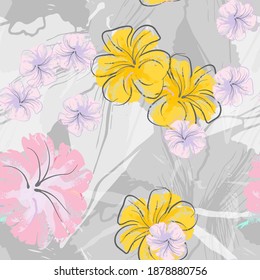 Pink Flowers Blooming Pattern. Pastel Watercolor Floral Print. Little Pink, Yellow, Lilac flower on grey leaf. Elegant brush Background. Seamless Botanical Vector Surface. Texture For Fashion Prints.