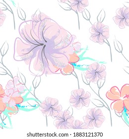 Pink Flowers Blooming Pattern. Pastel Watercolor Floral Print. Little Pink, Yellow, Lilac flower on grey leaf. Elegant brush Background. Seamless Botanical Vector Surface. Texture For Fashion Prints.