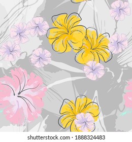 Pink Flowers Blooming Pattern. Pastel Watercolor Floral Print. Little Pink, Yellow, Lilac flower on grey leaf. Elegant brush Background. Seamless Botanical Vector Surface. Texture For Fashion Prints.