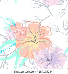 Patrón De Florecimiento De Flores Rosadas. Impresión floral de color de agua pastel. Flor rosada, amarilla, lagaríaca en hojas grises. Fondo elegante del pincel Superficie de vectores botánicos impecable. Textura Para Las Impresiones De Moda.