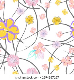 Pink Flowers Blooming Pattern. Pastel Watercolor.