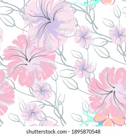 Patrón De Florecimiento De Flores Rosadas. Impresión floral de color de agua pastel. Flor rosada, amarilla, lagaríaca en hojas grises. Fondo elegante del pincel Superficie de vectores botánicos impecable. Textura Para Las Impresiones De Moda.