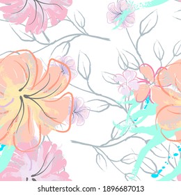 Patrón De Florecimiento De Flores Rosadas. Acuarela Pastel.