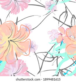 Patrón De Florecimiento De Flores Rosadas. Impresión floral de color de agua pastel. Flor rosada, amarilla, lagaríaca en hojas grises. Fondo elegante del pincel Superficie de vectores botánicos impecable. Textura Para Las Impresiones De Moda.