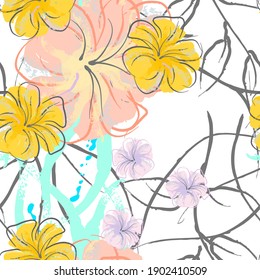 Pink Flowers Blooming Pattern. Pastel Watercolor Floral Print. Little Pink, Yellow, Lilac flower on grey leaf. Elegant brush Background. Seamless Botanical Vector Surface. Texture For Fashion Prints.