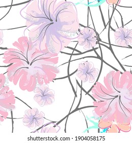 Pink Flowers Blooming Pattern. Pastel Watercolor Floral Print. Little Pink, Yellow, Lilac flower on grey leaf. Elegant brush Background. Seamless Botanical Vector Surface. Texture For Fashion Prints.