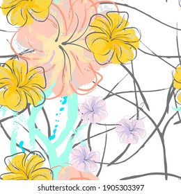 Pink Flowers Blooming Pattern. Pastel Watercolor.