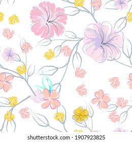 Pink Flowers Blooming Pattern. Pastel Watercolor Floral Print. Little Pink, Yellow, Lilac flower on grey leaf. Elegant brush Background. Seamless Botanical Vector Surface. Texture For Fashion Prints.