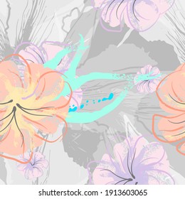 rosafarbene Blumen blühendes Muster. Pastellwasserfarbe Blumendruck. Little Pink, Gelb, Lilac Blume auf grauem Blatt. Eleganter Bürstenhintergrund. Nahtlose botanische Vektoroberfläche. Textur für Modedrucke.