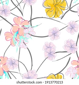 Patrón De Florecimiento De Flores Rosadas. Impresión floral de color de agua pastel. Flor rosada, amarilla, lagaríaca en hojas grises. Fondo elegante del pincel Superficie de vectores botánicos impecable. Textura Para Las Impresiones De Moda.