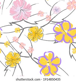 Pink Flowers Blooming Pattern. Pastel Watercolor Floral Print. Little Pink, Yellow, Lilac flower on grey leaf. Elegant brush Background. Seamless Botanical Vector Surface. Texture For Fashion Prints.