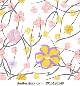 rosafarbene Blumen blühendes Muster. Pastellwasserfarbe Blumendruck. Little Pink, Gelb, Lilac Blume auf grauem Blatt. Eleganter Bürstenhintergrund. Nahtlose botanische Vektoroberfläche. Textur für Modedrucke.