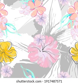 Pink Flowers Blooming Pattern. Pastel Watercolor Floral Print. Little Pink, Yellow, Lilac flower on grey leaf. Elegant brush Background. Seamless Botanical Vector Surface. Texture For Fashion Prints.