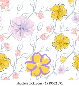 Patrón De Florecimiento De Flores Rosadas. Impresión floral de color de agua pastel. Flor rosada, amarilla, lagaríaca en hojas grises. Fondo elegante del pincel Superficie de vectores botánicos impecable. Textura Para Las Impresiones De Moda.