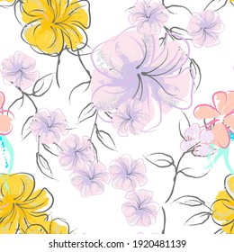 Pink Flowers Blooming Pattern. Pastel Watercolor.