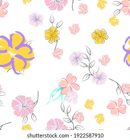 Pink Flowers Blooming Pattern. Pastel Watercolor Floral Print. Little Pink, Yellow, Lilac flower on grey leaf. Elegant brush Background. Seamless Botanical Vector Surface. Texture For Fashion Prints.