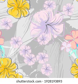 Patrón De Florecimiento De Flores Rosadas. Impresión floral de color de agua pastel. Flor rosada, amarilla, lagaríaca en hojas grises. Fondo elegante del pincel Superficie de vectores botánicos impecable. Textura Para Las Impresiones De Moda.