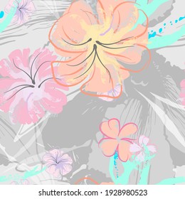 Pink Flowers Blooming Pattern. Pastel Watercolor Floral Print. Little Pink, Yellow, Lilac flower on grey leaf. Elegant brush Background. Seamless Botanical Vector Surface. Texture For Fashion Prints.