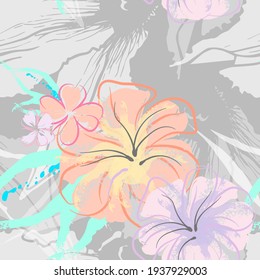 Pink Flowers Blooming Pattern. Pastel Watercolor Floral Print. Little Pink, Yellow, Lilac flower on grey leaf. Elegant brush Background. Seamless Botanical Vector Surface. Texture For Fashion Prints.