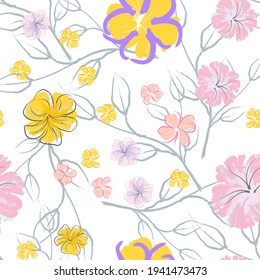 Pink Flowers Blooming Pattern. Pastel Watercolor Floral Print. Little Pink, Yellow, Lilac flower on grey leaf. Elegant brush Background. Seamless Botanical Vector Surface. Texture For Fashion Prints.