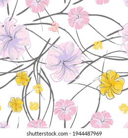 Pink Flowers Blooming Pattern. Pastel Watercolor Floral Print. Little Pink, Yellow, Lilac flower on grey leaf. Elegant brush Background. Seamless Botanical Vector Surface. Texture For Fashion Prints.