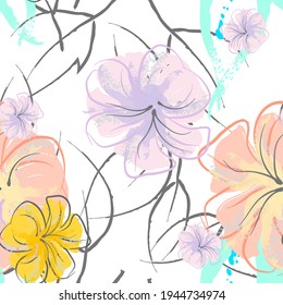 Patrón De Florecimiento De Flores Rosadas. Impresión floral de color de agua pastel. Flor rosada, amarilla, lagaríaca en hojas grises. Fondo elegante del pincel Superficie de vectores botánicos impecable. Textura Para Las Impresiones De Moda.